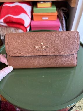 kate spade Brown Pebbled Leather Continental Wallet with Gold Logo